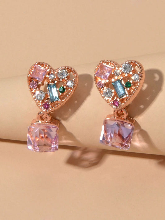 Sweet Textured Shining Crystal Decor Pink Heart Drop Earrings Women Girls Gifts