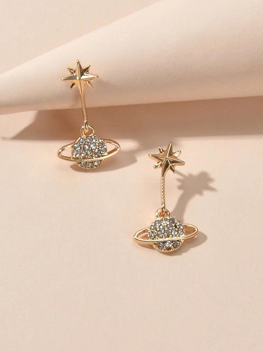 New Designer Rhinestone Gold Silver Planet Star Stud Pierced Earrings Ear Jacket