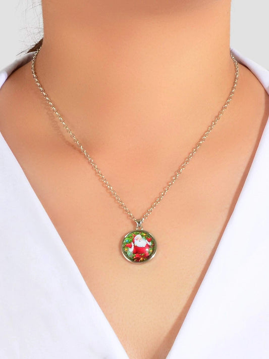 Silver Chain Santa Claus Pattern Round Pendant Necklace Women Girls Party Gift