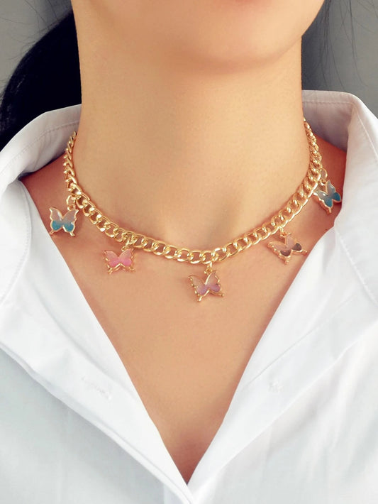 Hip Hop Colorful Enamel Bling Butterfly Charm Necklace Clavicle Chain Choker
