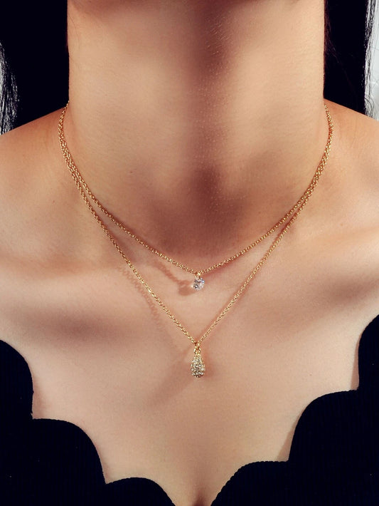 2 pcs Fashion Women Jewellery Rhinestone Decor Gold Chain Water Drop Necklace