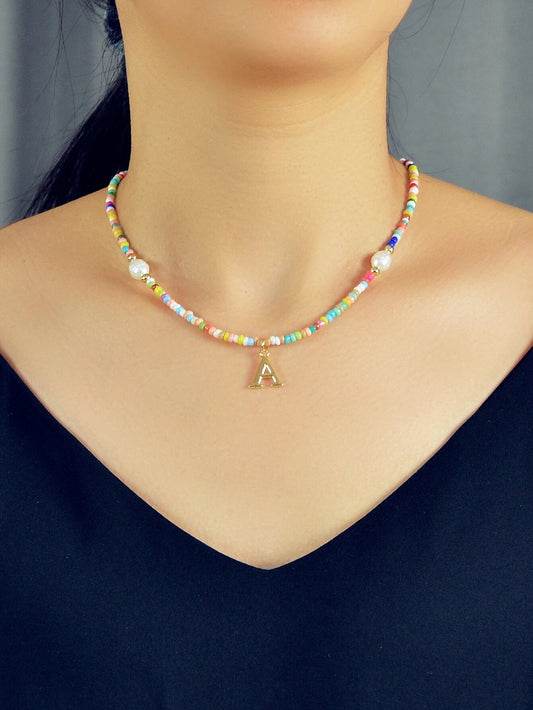 Boho Chic Pearl Colourful Seed Beads Chain Letter A Necklace Ethnic Accessories