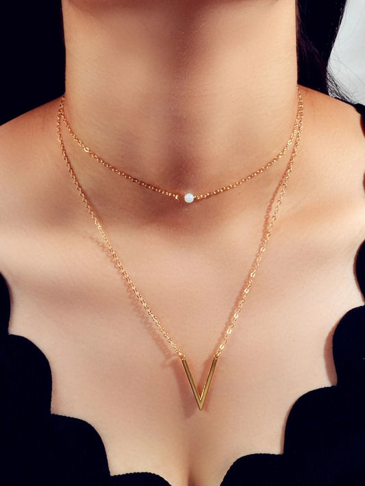 Double layer Gold Chain Letter V Shape Geometric Pendant Necklace Jewellery Gift