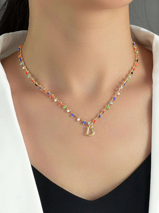 Bohemian Colorful Seed Beads Charm Chain Letter D Pendant Necklace Accessories