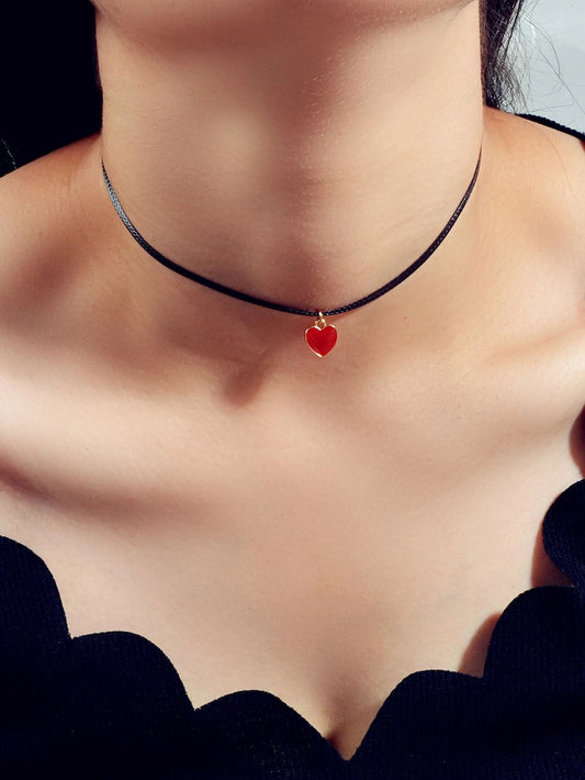 Fashion Jewellery Black Pu Leather Chain Red Heart Charm Women Choker Necklace