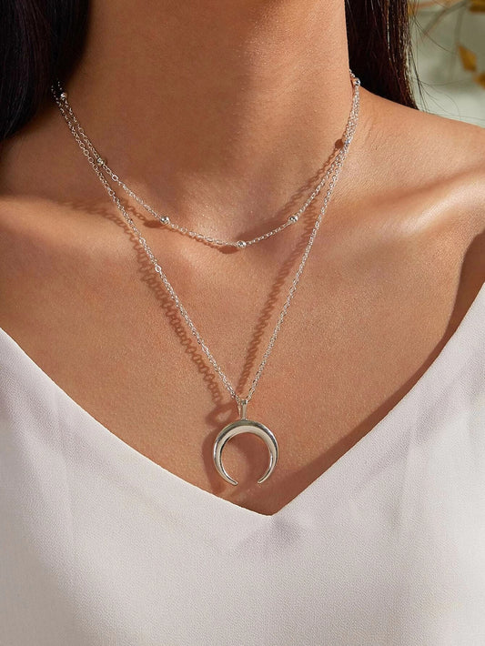 Double layer Silver Chain Moon Pendant Necklace Accessories Horn Collar Gift