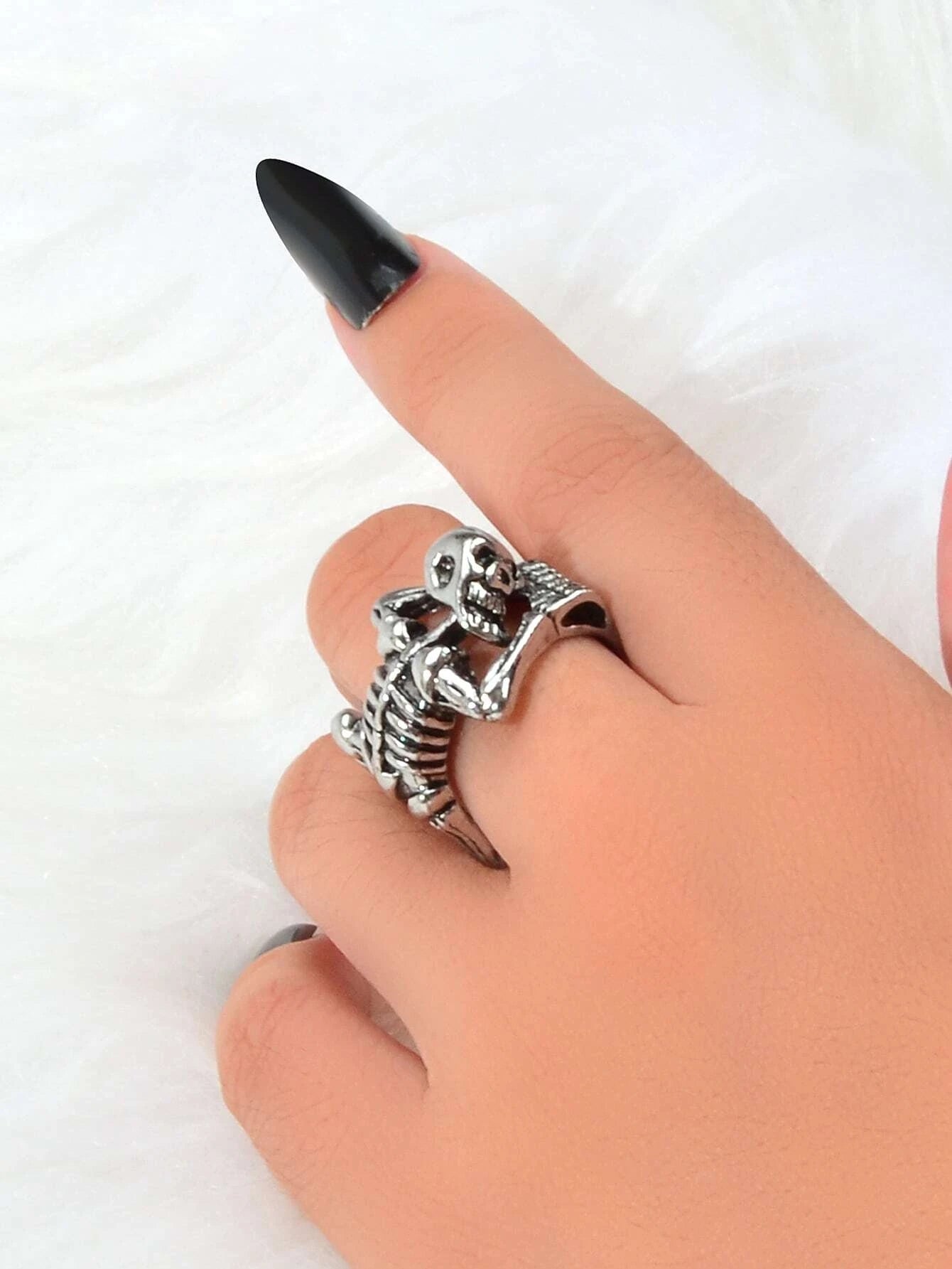 Punk Goth Hip Hop Antique Silver Skull Oxidized Vintage Statement Open Cuff Ring