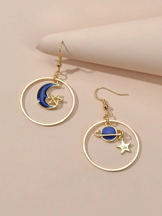 Star Moon Planet Globe Circle Asymmetric Dangle Women Teens Round Hoop Earrings