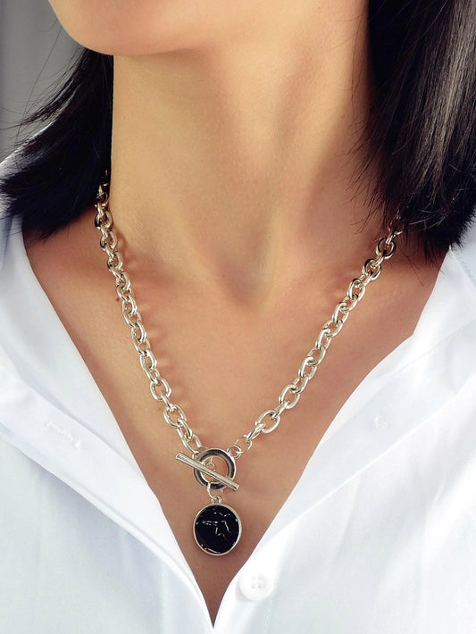Punk Jewelry Chunky Silver Chain Black Marble Round Pendant Necklace Accessories
