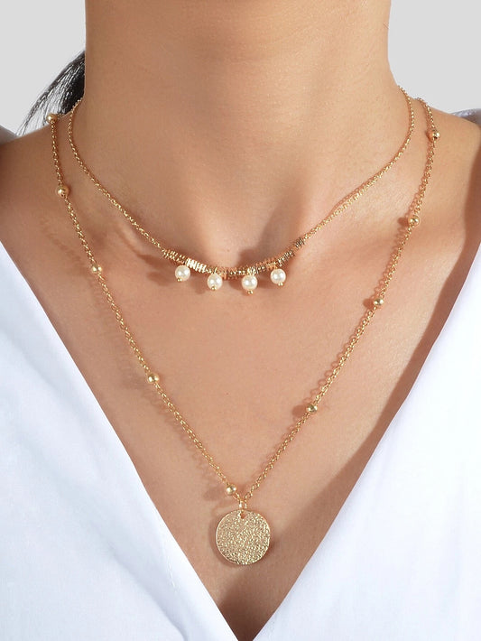 Women Pearl Decoration Gold Double layer Chain Round Pendant Necklace Accessory