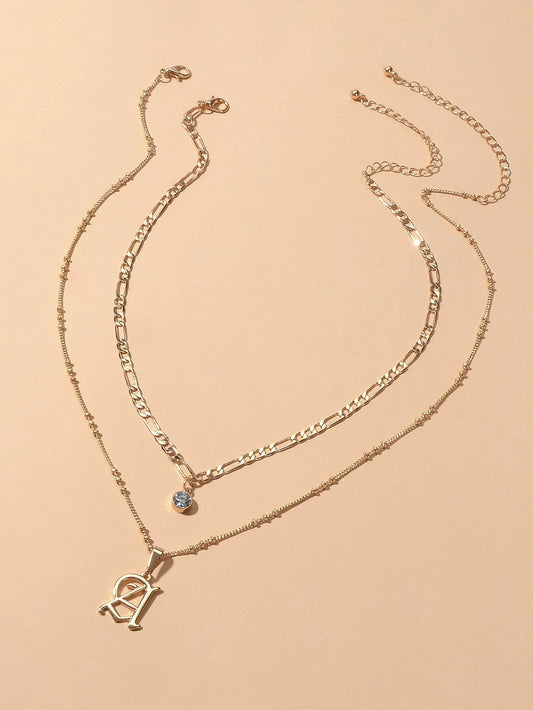2 pcs Gold Chain Rhinestone Letter A Pendant Double Layer Necklace Women Jewelry