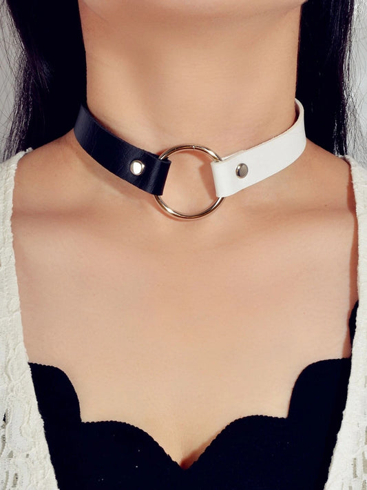 Gothic 90s Silver PU Leather Punk Tattoo Choker Necklace Round Circle Collar