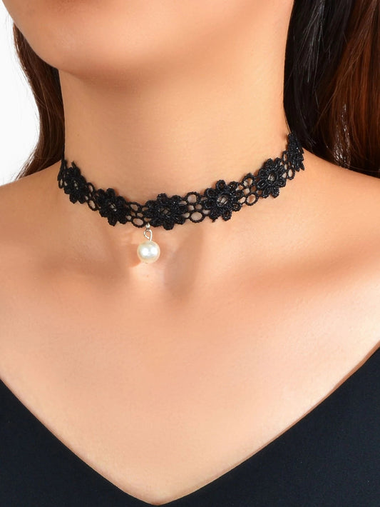 Black Elastic Pearl Charm Lace Flower Boho Gothic 90s Tattoo Choker Retro Collar
