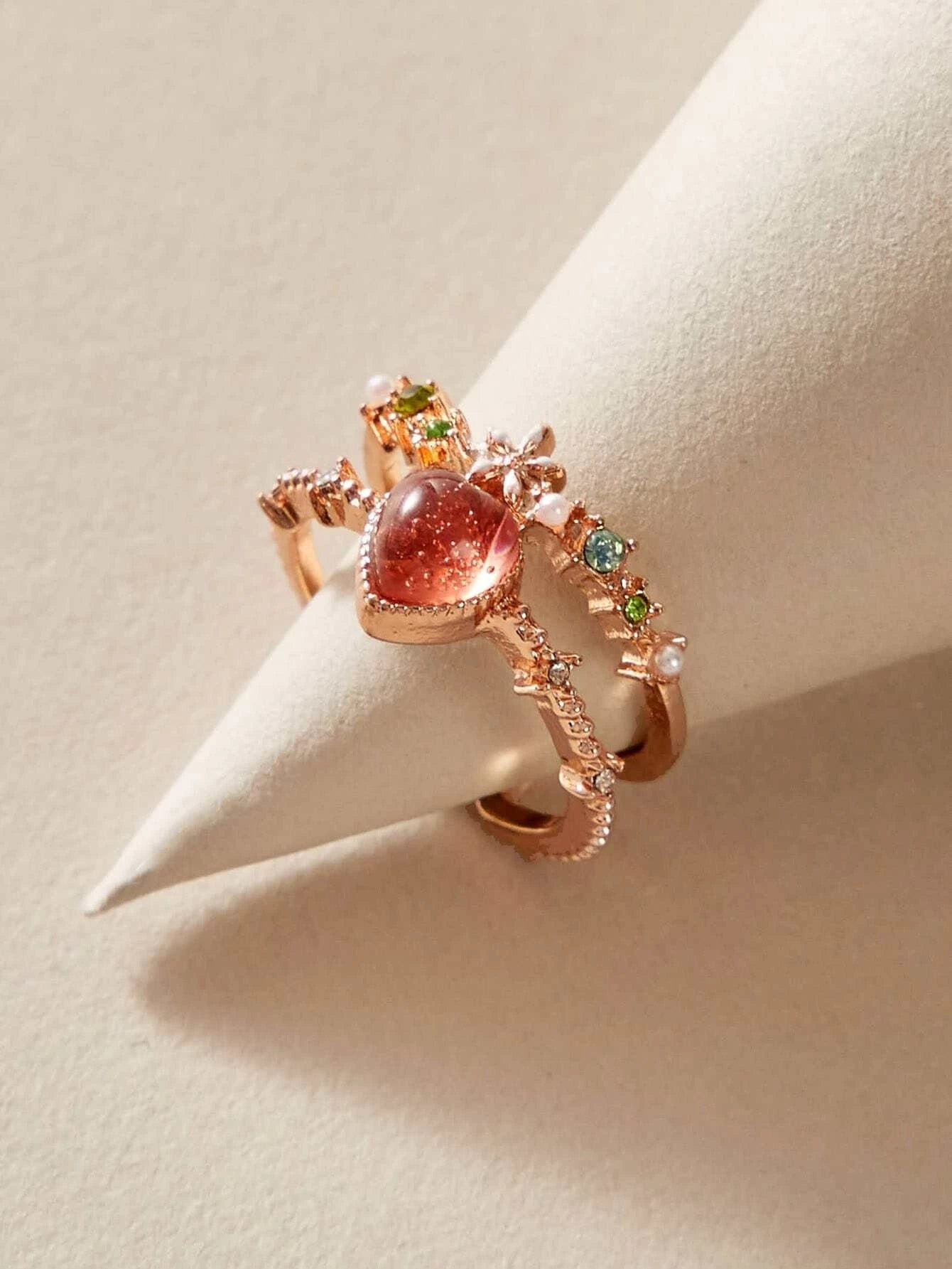 AU Post Luxury Faux Pearl Rhinestone Red Love Heart Rosegold Cuff Finger Ring