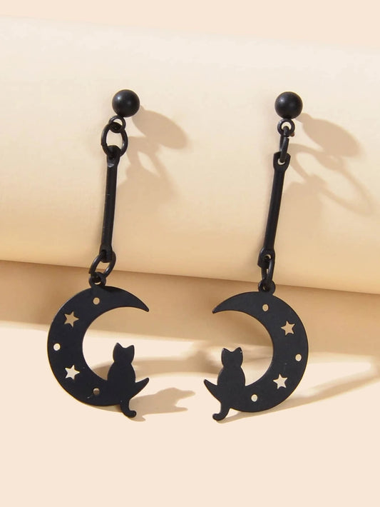 Cartoon Collection Accessories Black Hollow Moon Cat Dangling Elements Earrings