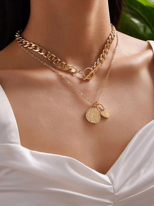 Punk Jewellery Crude Gold Double layer Chain Round Disc Lock Love Heart Necklace