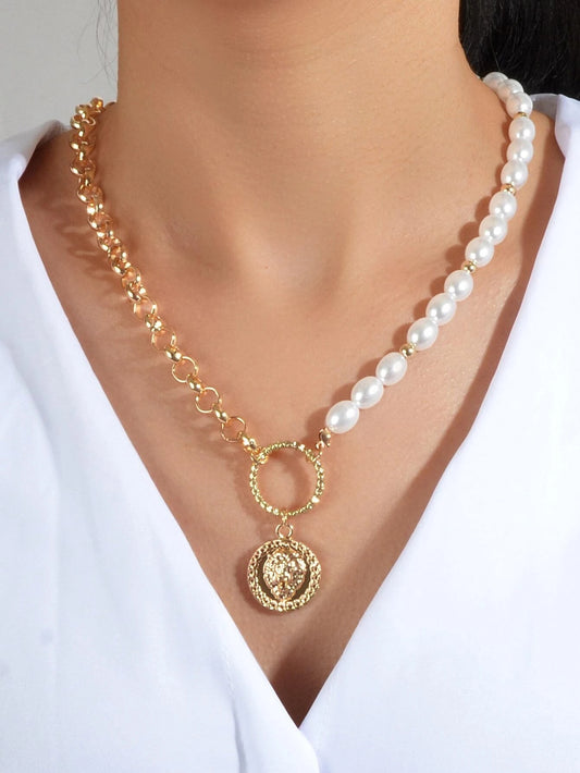 Gold Chain with Pearl Lion Head Round Pendant Necklace Chunky Gothic Jewellery