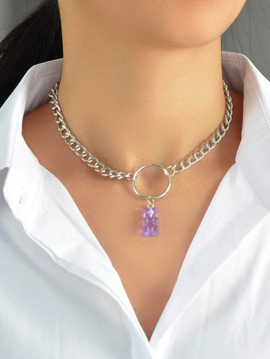 Lovely Jewellery Silver Chain Circle Purple Bear Pendant Necklace Accessories