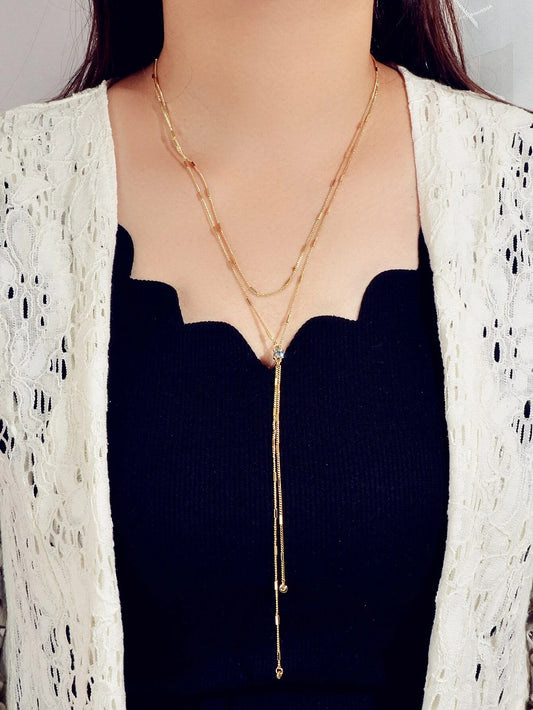 Rhinestone Double layer Long Chain Y-lariat Fringe Necklace Textured Jewellery