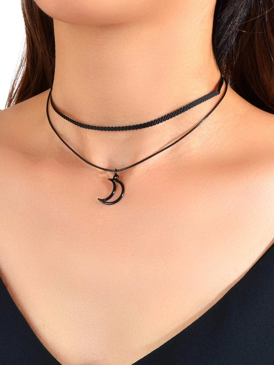 Gothic Black Pu Leather Double layer Chain Moon Star Charm Punk 90s Tattoo Choker