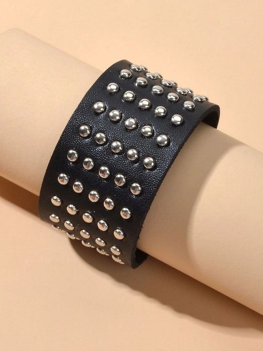 Punk Rock Silver Spike Leather Wide Wrap Bracelet Women Teens Hiphop Jewellery