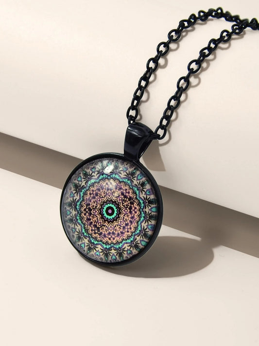 Retro Jewellery Ethnic Black Chain Geometric Mandala Round Pendant Boho Necklace
