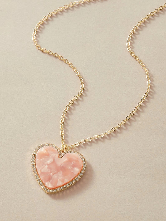Gold Chain Rhinestone Pink Love Heart Charm Necklace Girlfriend Gift Jewellery