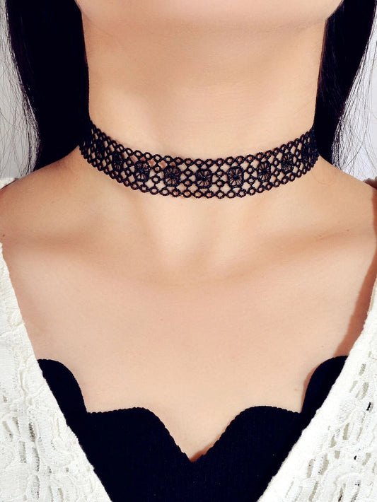Black Hollow Out Lace Pattern Gothic 90s Tattoo Choker Punk Halloween Necklace