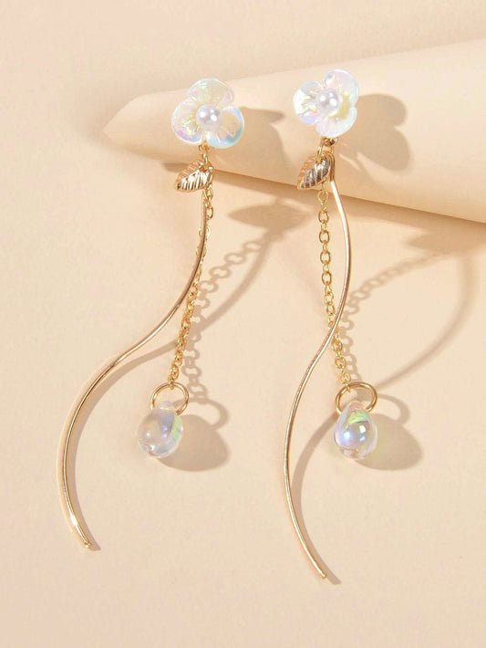 White Flower Gold Chain Dangle Earrings Women Accessories Tassel Stud Jewellery