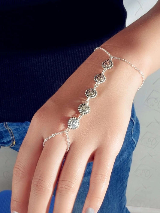 Tribal Ethnic Antique Silver Geometric Charm Slave Boho Bracelet with Ring Gift