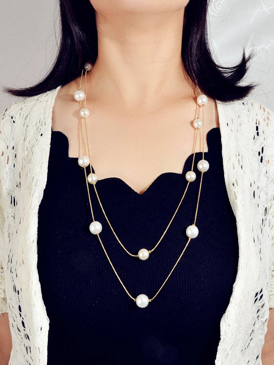 Double Layer Pearl Decor Gold Silver Chain Long Necklace Fashion Accessories