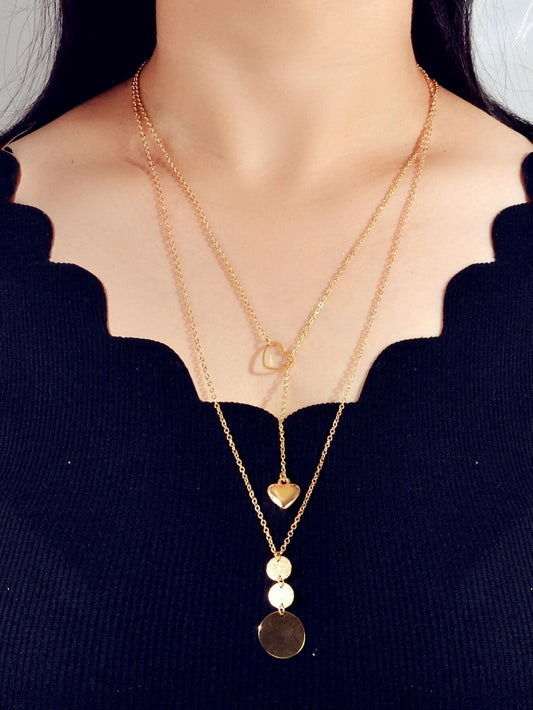 2 pcs Gold Chain Round Disc Love Heart Pendant Necklace Double Collar Women Gift