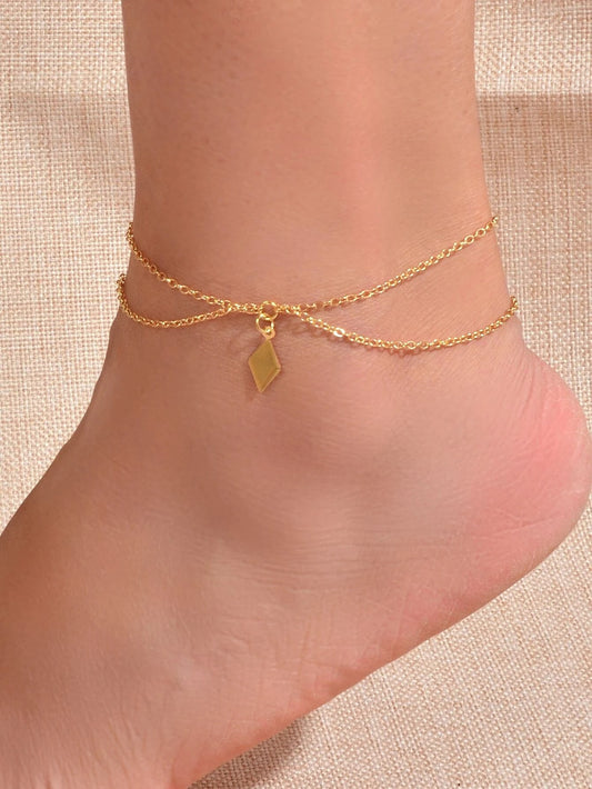 Bohemian Foot Beach Jewellery Double Layer Chain Rhombus Geometric Charm Anklet