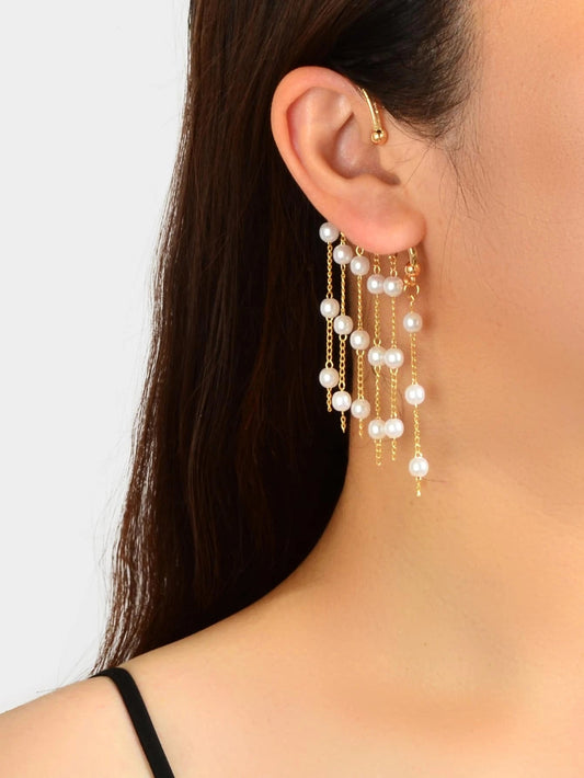 1 pc Pearl Decoration Long Gold Chain Tassel Ear Cuff Dangle Statement Earrings