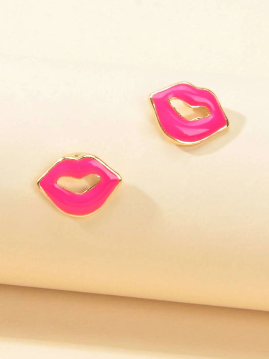 Cute Style Accessories Candy Color Hotpink Enamel Lips Small Stud Women Earrings