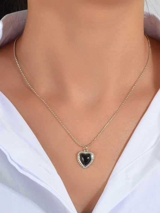 Silver Ball Chain Black Love Heart Pendant Necklace Textured Collar Jewellery
