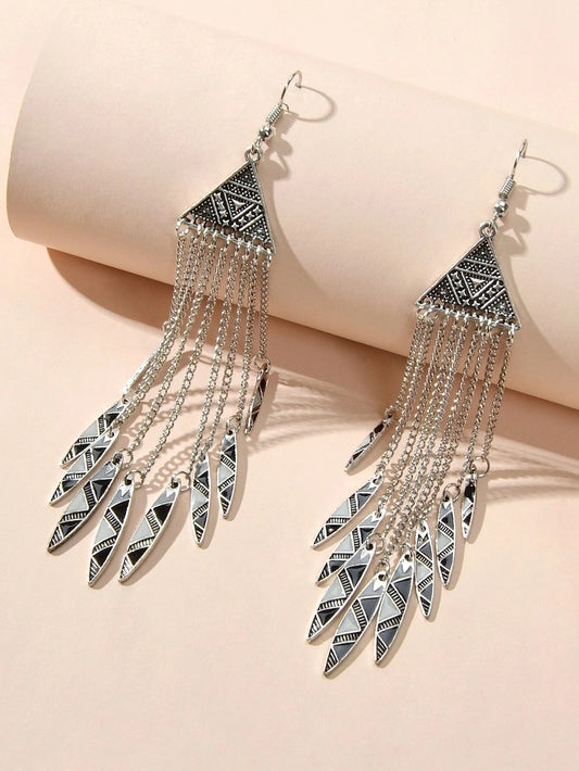 Tribal Ethnic Antique Silver Chain Tassel Geometric Charm Bohemian Earrings Gift