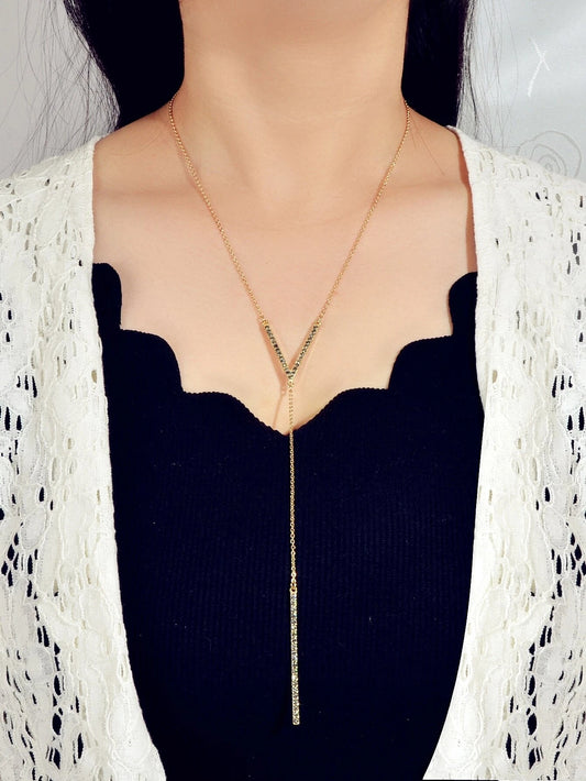 Rhinestone Long Y Chain Bar Pendant V Shape Necklace Drop Bar Fringe Jewellery