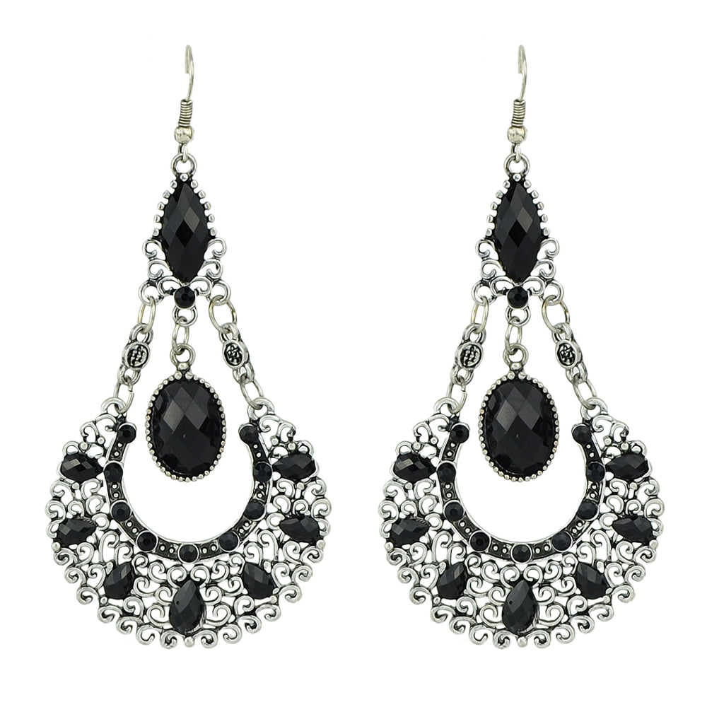Bohemian Tribal Ethnic Antique Silver Rhinestone Hollow Water Drop Chic Earrings