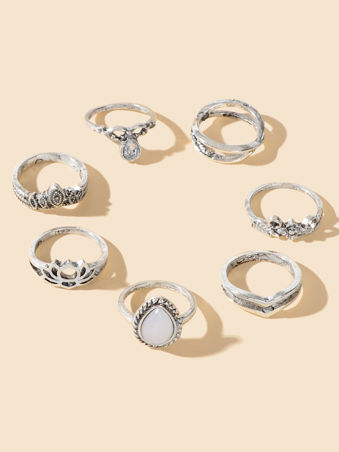 Tribal Ethnic 7 pcs Antique Silver Multiple Stackable Knuckle Finger Ring Set
