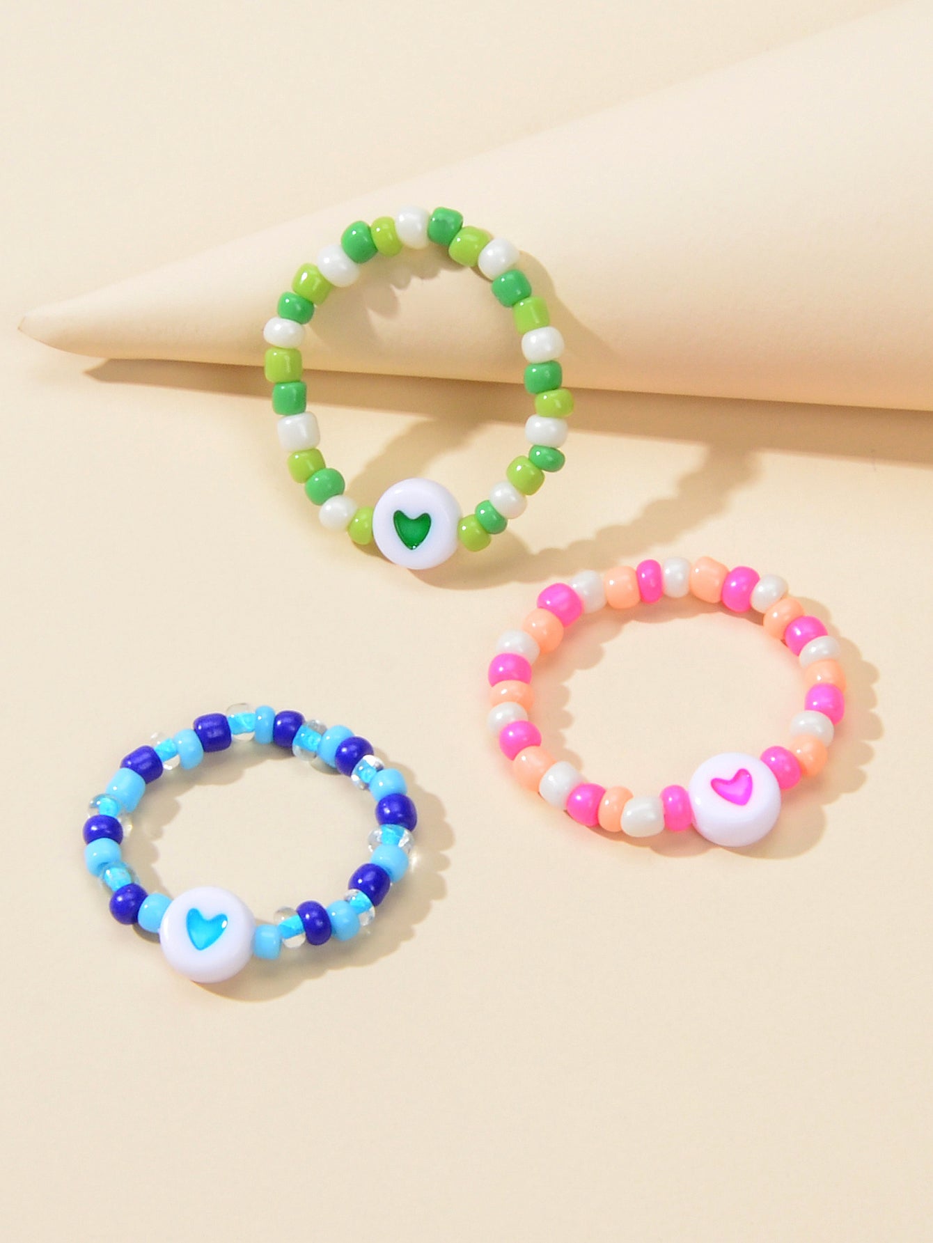 3pcs Colorful Bead Elastic Heart Pattern Multiple Stackable Midi Finger Ring Set