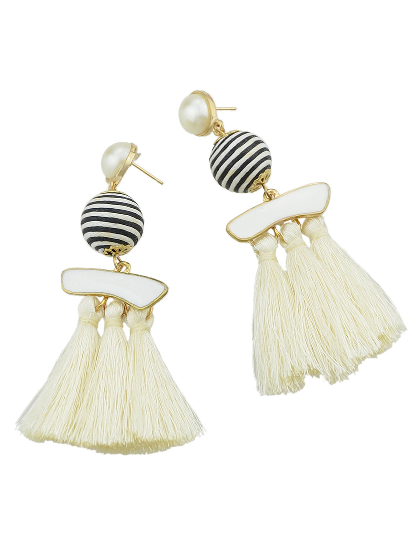 Bohemian Jewellery Ball Black Beige Tassel Dangle Traditional Ethnic Earrings