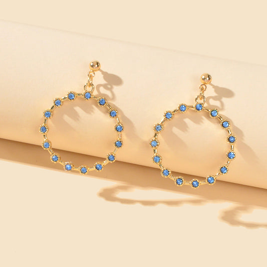 Fashion Ladies Jewelry Blue Rhinestone Gold Circle Dangle Party Bridal Earrings