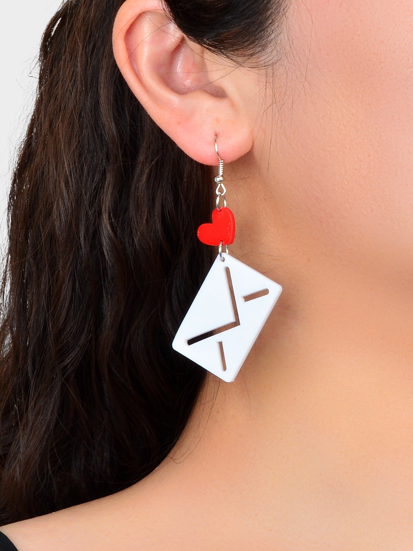 Funny Cute Red Heart White Envelope Acrylic Hook Earrings Costume Accessory Gift