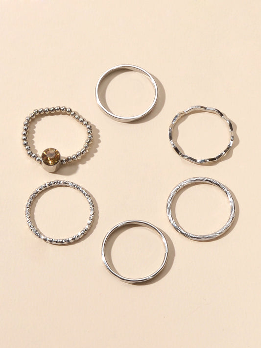 Stackable 6 pcs Rhinestone Decor Silver Finger Ring set Multiple Rings Bulk Pack