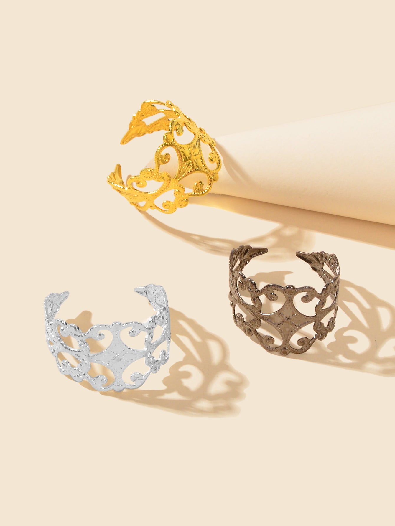 Retro Court Style 3pcs Gold Silver Geometric Flower Open Cuff Stackable Ring Set