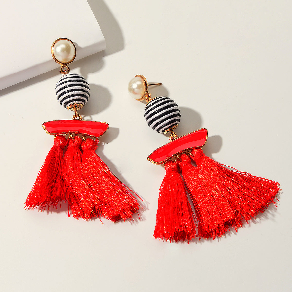 Bohemian Jewellery Ball Black Beige Tassel Dangle Traditional Ethnic Earrings