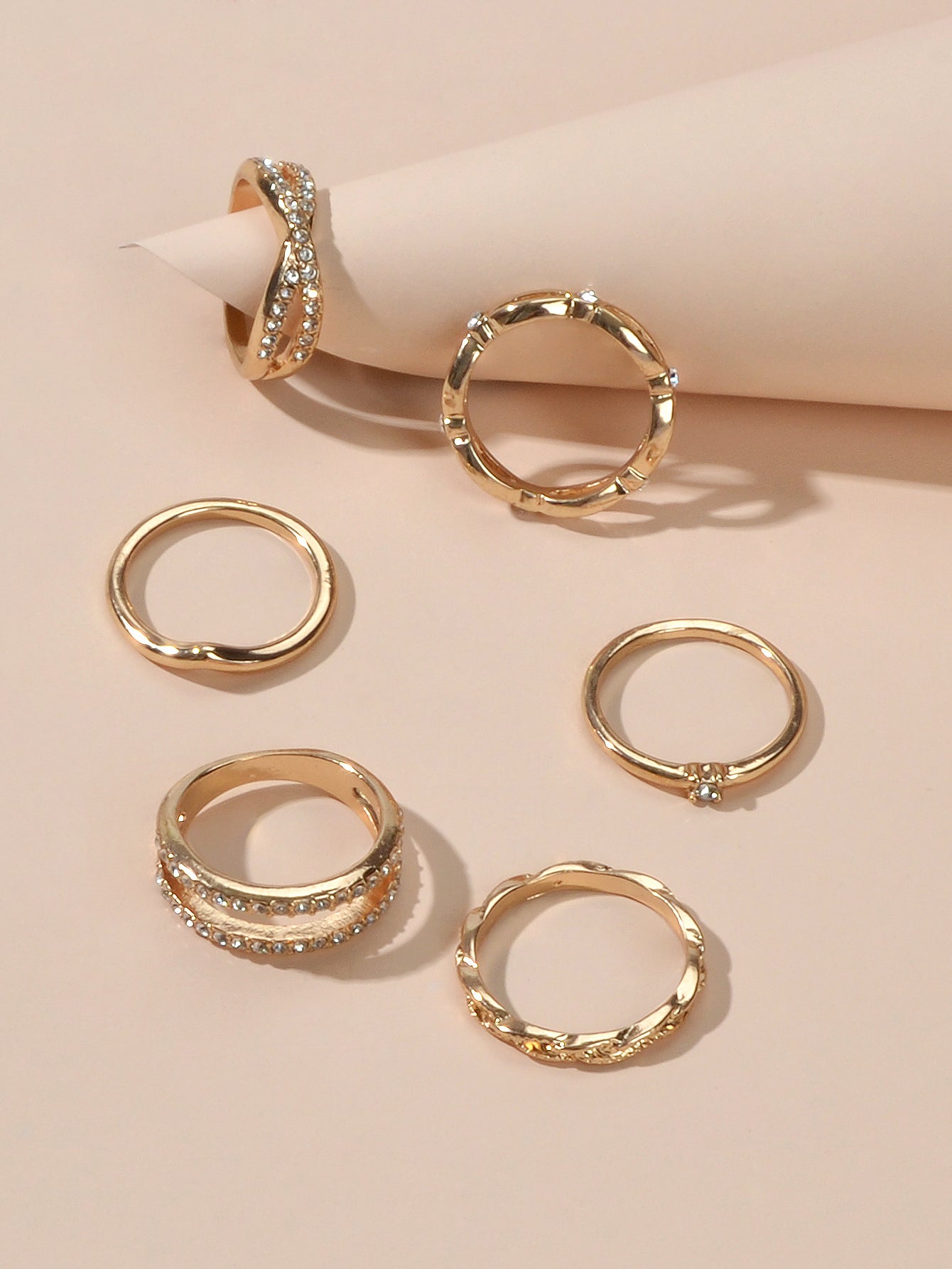 6pcs Band Women Gold Metal with Rhinestone Multiple Midi Finger Knuckle Ring set