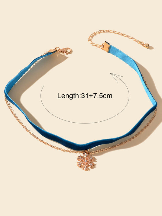 Retro Blue Tattoo Velvet Choker Snowflake Layer Necklace