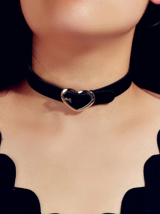 90s Heart Decor Black Leather Belt Design Tattoo Choker Necklace Grunge Collar